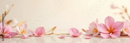 Delicate flower petals on a soft gold leaf border in a subtle ivory background, calm, leaf