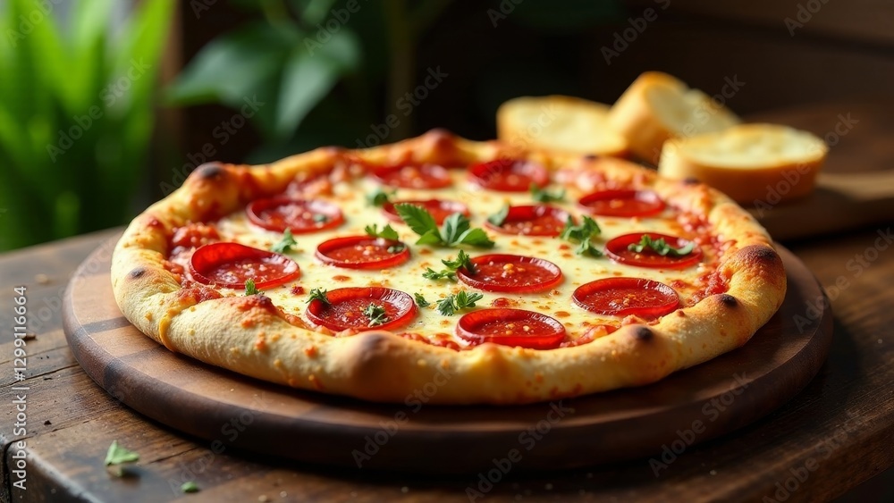 A delectable pepperoni pizza, freshly baked with melted cheese and garnished with herbs, rests on a rustic wooden board, accompanied by slices of crusty bread. A delectable pepperoni pizza, freshly baked with melted cheese and garnished with herbs, rests on a rustic wooden board, accompanied by slices of crusty bread.