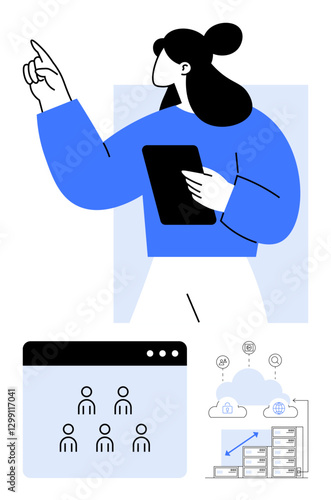 Professional holding a tablet gesturing towards teamwork elements, cloud data transfer, and a collaborative digital dashboard. Ideal for technology, business growth, remote work, teamwork