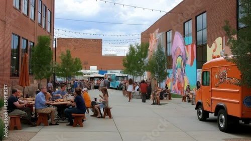 Vibrant Outdoor Food Truck Festival in Urban Courtyard