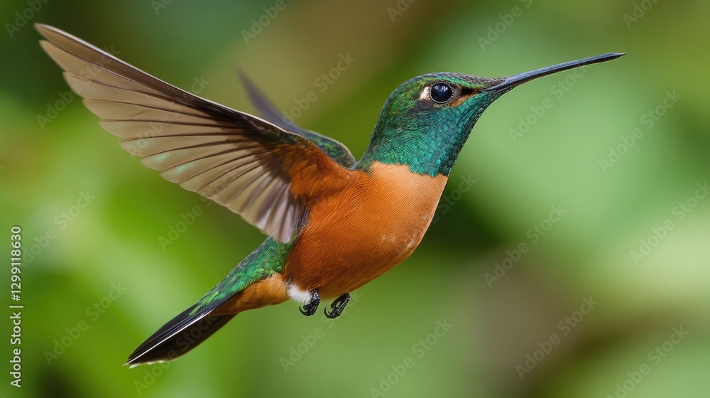 Rufous-tailed hummingbird in mid-air, hovering against a lush green backdrop Rufous-tailed hummingbird in mid-air, hovering against a lush green backdrop