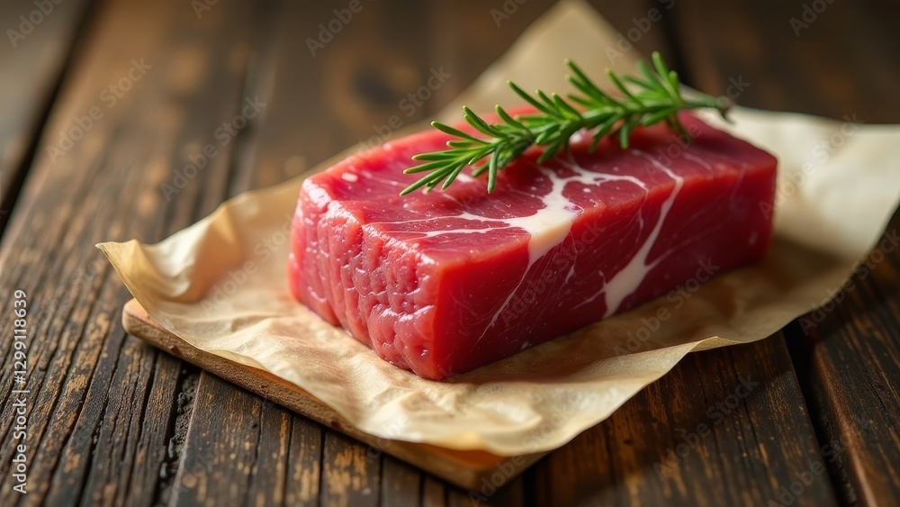 A single, raw, marbled beef steak rests delicately on parchment paper, adorned with a sprig of fresh rosemary, ready for culinary preparation. A single, raw, marbled beef steak rests delicately on parchment paper, adorned with a sprig of fresh rosemary, ready for culinary preparation.