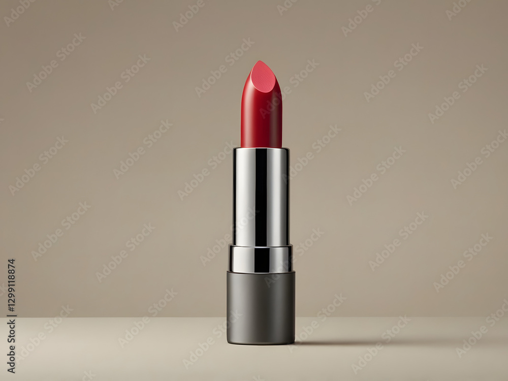 red lipstick on neutral background, silver tube red lipstick on neutral background, silver tube