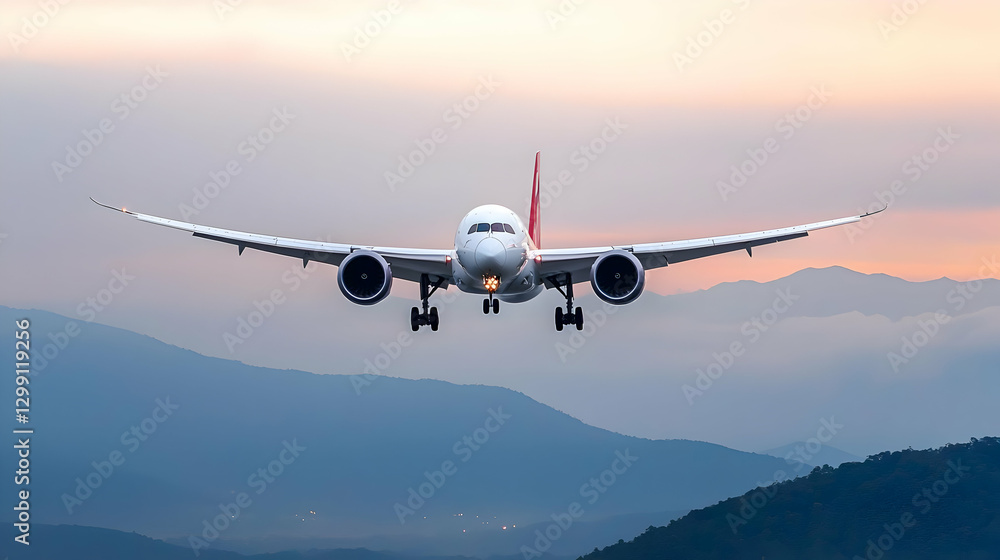 White Airplane Flying Towards Camera With Wing Spans Against Blue Mountains Under Sunset White Airplane Flying Towards Camera With Wing Spans Against Blue Mountains Under Sunset