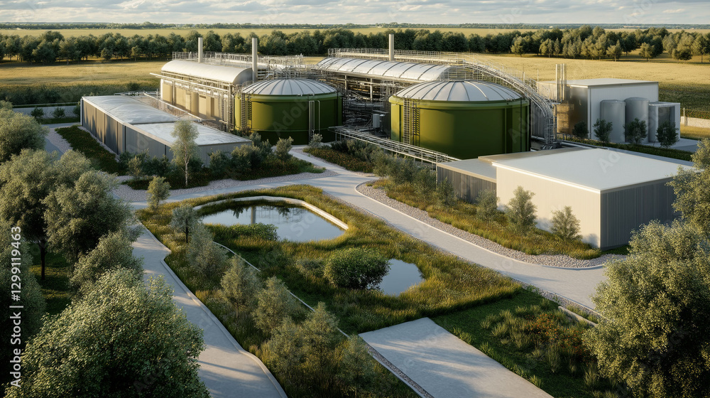 Anaerobic digestion biogas systems. A realistic image showcasing an anaerobic digestion plant setup.