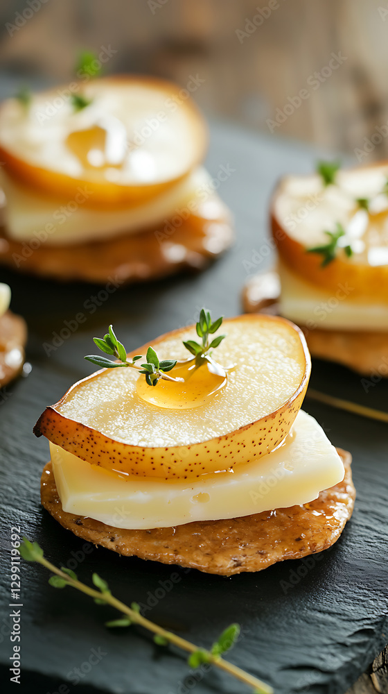 Pear and cheese appetizer with honey and thyme on crackers. Elegant snacks on a stone slate with a wooden background for a delightful tasting experience. Pear and cheese appetizer with honey and thyme on crackers. Elegant snacks on a stone slate with a wooden background for a delightful tasting experience.