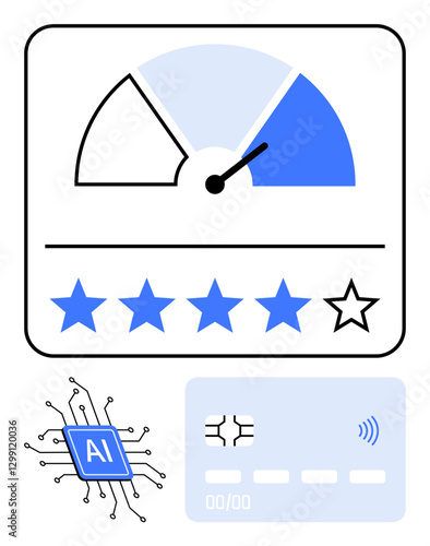 Speedometer with blue gradient gauge for performance, five-star rating scale, chip labeled AI, and credit card. Ideal for technology, analytics, customer feedback, payments, fintech innovation