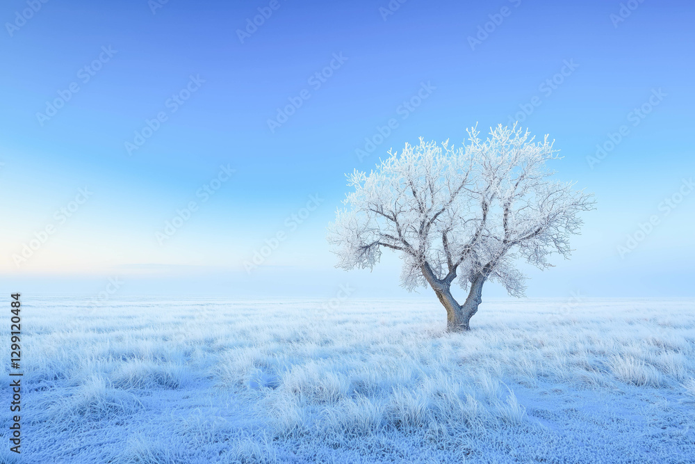 Solitary frost-covered tree in snowy winter landscape with clear blue sky Solitary frost-covered tree in snowy winter landscape with clear blue sky