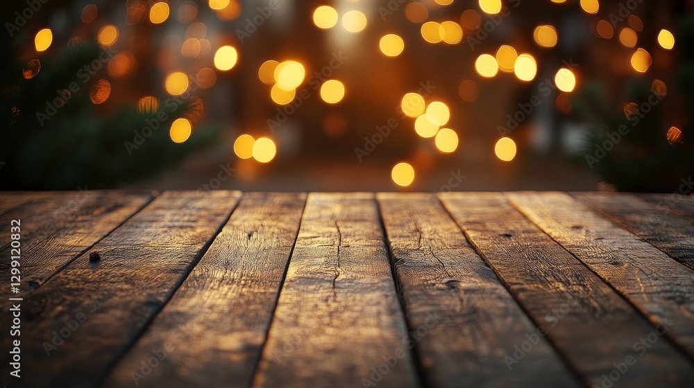 Wooden table in foreground with glowing bokeh lights creating a warm atmosphere during an evening gathering Wooden table in foreground with glowing bokeh lights creating a warm atmosphere during an evening gathering
