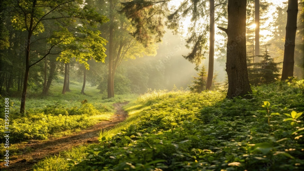 Obraz premium Warm sunlight casting a golden glow on the forest floor amidst lush greenery, natural ambiance, warm light