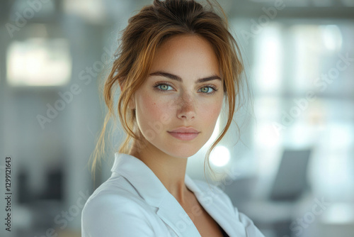Free Download A young woman with freckles and light brown hair, wearing a white blazer, looks directly at the camera. - GFXLoad