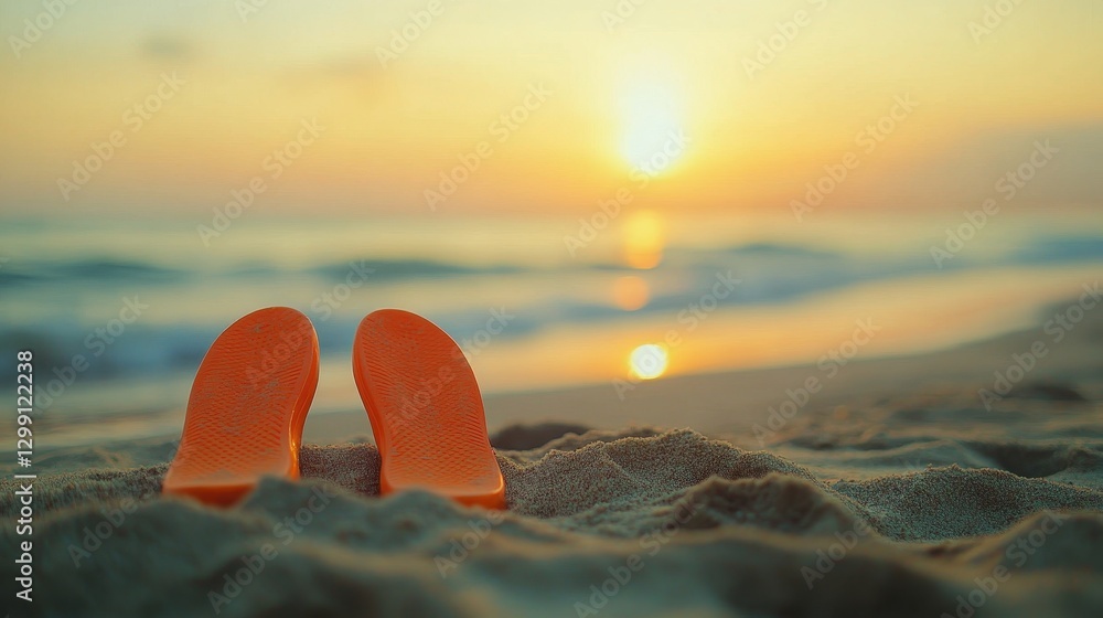 A pair of vibrant orange sandals resting on sandy beach at sunset, showcasing a serene coastal atmosphere. A pair of vibrant orange sandals resting on sandy beach at sunset, showcasing a serene coastal atmosphere.