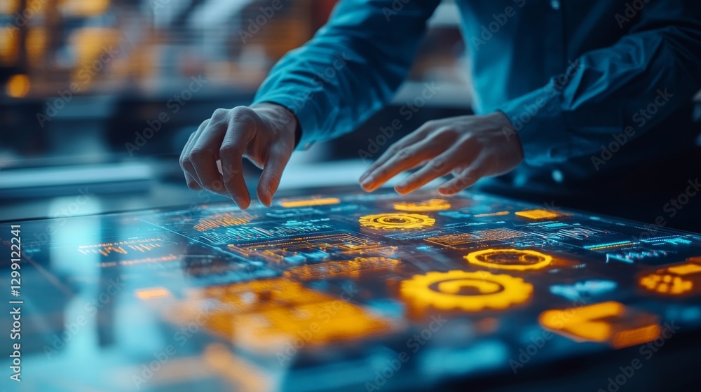 Naklejka premium Hands interact with glowing digital interface in a modern workspace full of technology