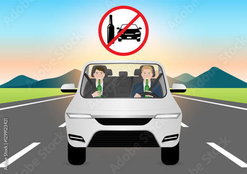 Man Drinking Alcohol While Driving a Car. Do Not Drink and Drive. Vector Illustration. 