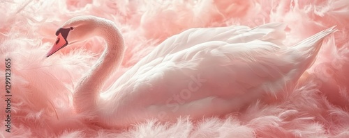 A graceful white swan rests elegantly on a soft pink blanket, its feathers glistening in the light. The serene scene captures the swan's tranquil demeanor amidst the vibrant fabric. photo