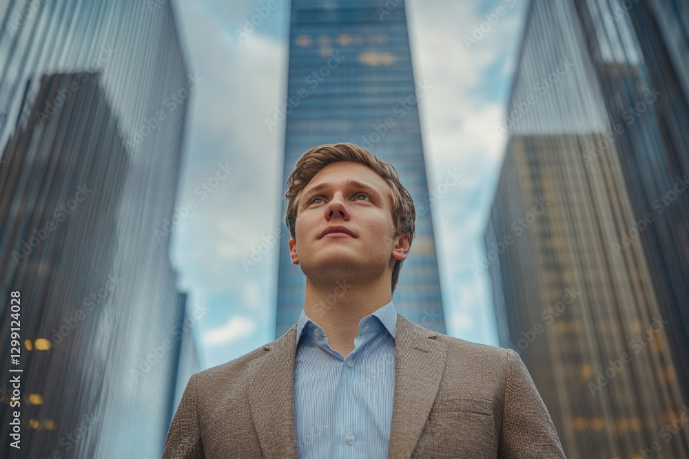 Fototapeta premium Young businessman looks up towards skyscrapers, visualizing success and ambition in a modern city.