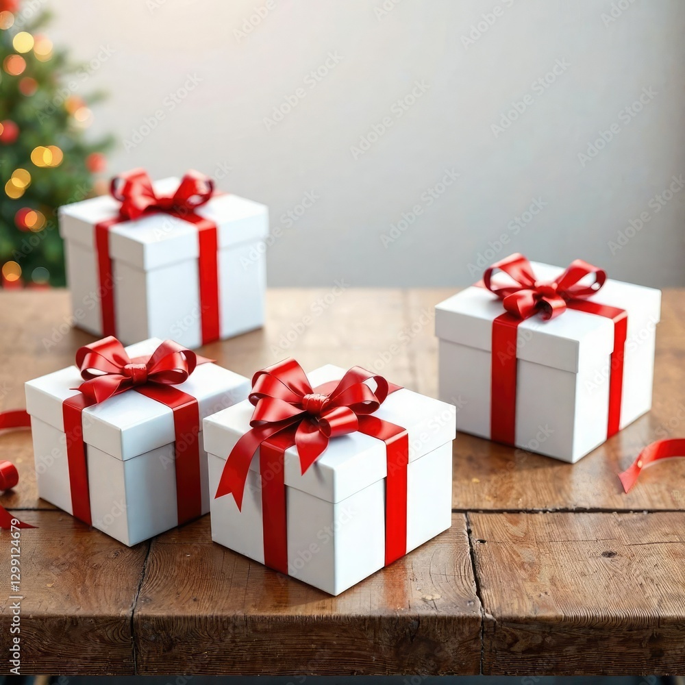 Obraz premium white gift boxes with red ribbon on a wooden table, present boxes, gift wrapping, festive gifts