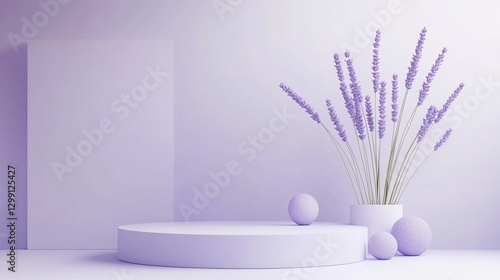 Round podium mockup for product presentation, light purple background with lavender flowers, minimalist style, soft shadow on the floor, high-resolution photography.