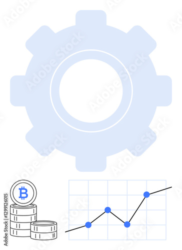 Large gear element with Bitcoin coins and upward trend line graph. Ideal for cryptocurrency, blockchain, finance growth, technology, data management, investment, and teamwork. Abstract line flat