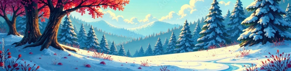 Fototapeta premium Winter woodland scene with colorful pixel art trees, green, winter
