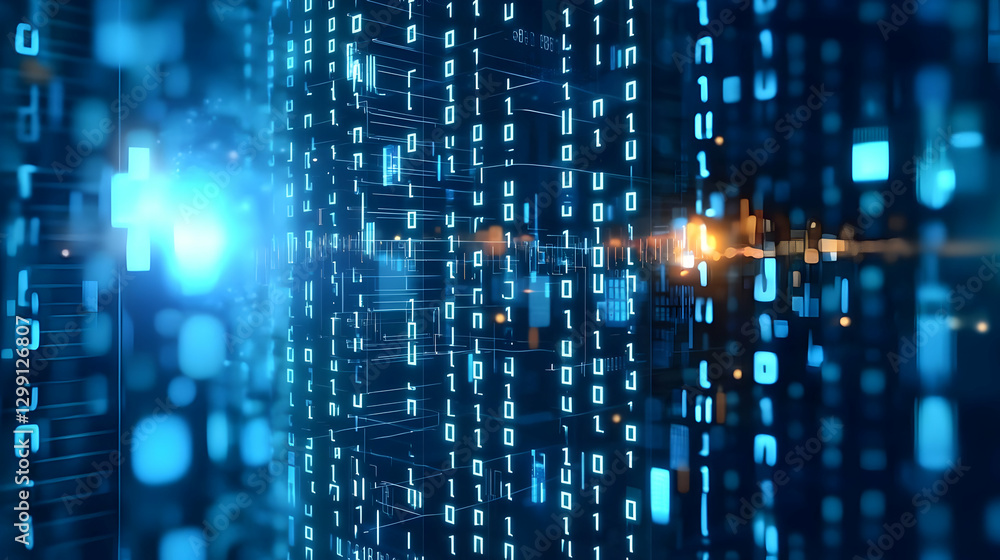 Abstract Digital Data Stream Displaying Binary Code in Blue and Orange Tones Abstract Digital Data Stream Displaying Binary Code in Blue and Orange Tones