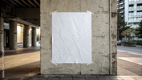 Blank crumpled poster mockup taped to a textured concrete wall with urban lighting