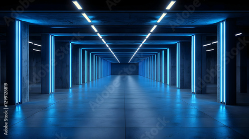 Blue Neon Lit Tunnel Perspective With Concrete Columns And Textured Floor