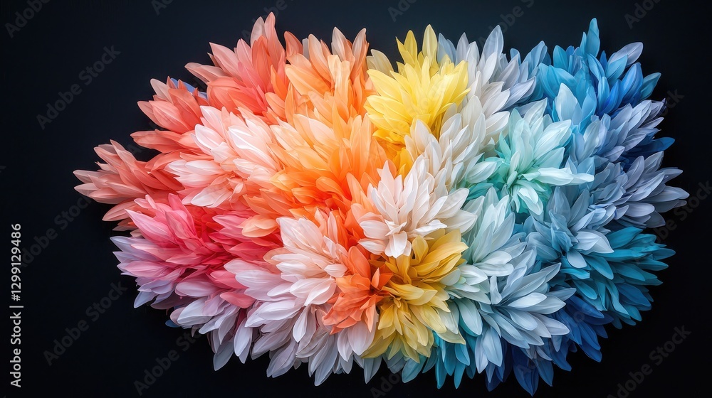 Fototapeta premium Vibrant rainbow gradient flower arrangement composed of colorful chrysanthemums against a dark black background.
