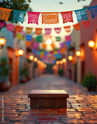 Cinco de Mayo product display background podium, Papel Picado Celebration, vibrant papel picado banners, festive Mexican street, warm sunset, colourful decorations, ad podium platform, product present