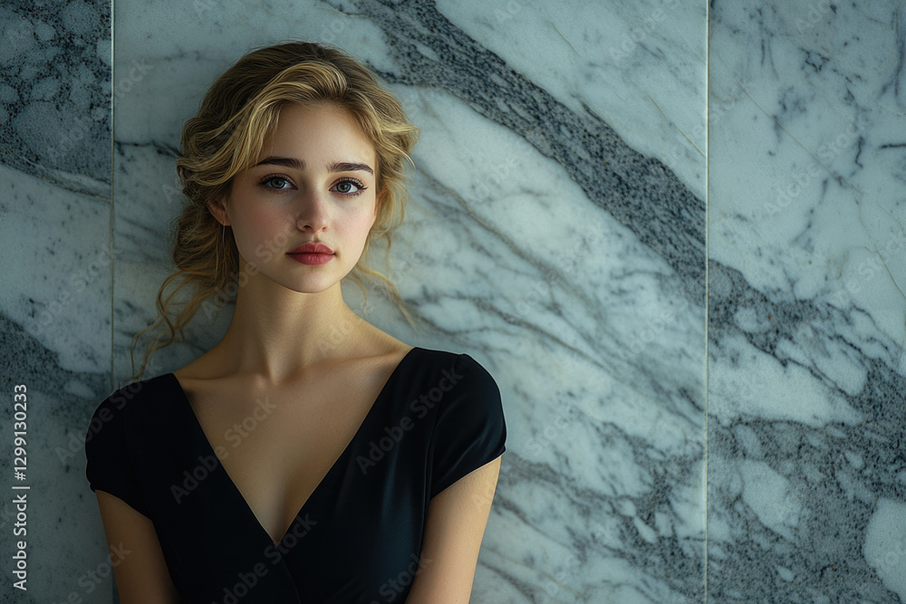 Fototapeta premium A young woman with blonde hair and light makeup, wearing a black dress, poses against a marble wall.