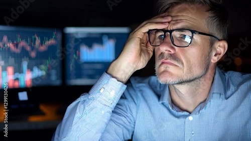 Wallpaper Mural Concerned professional analyzing data on computer screens in a dimly lit office environment Torontodigital.ca