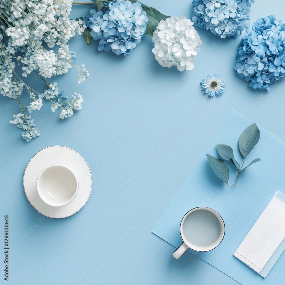 An arrangement of blue flowers, cups, and stationery beautifully arranged on a blue background for elegance. An arrangement of blue flowers, cups, and stationery beautifully arranged on a blue background for elegance.