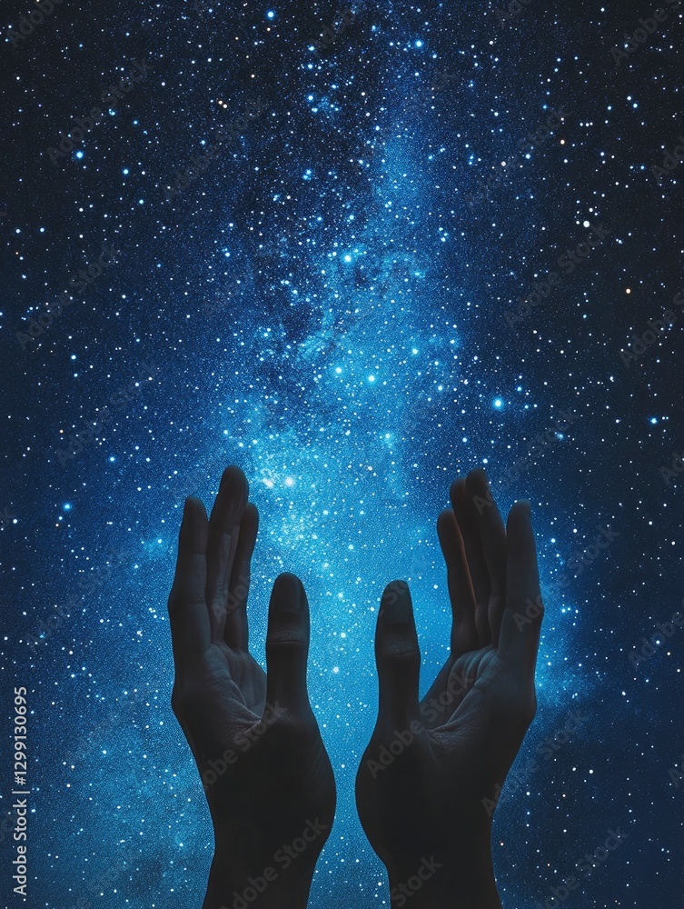 Hands raised in prayer, with a starry night sky background, symbolizing the spiritual connection between God and humans, creating a serene atmosphere Hands raised in prayer, with a starry night sky background, symbolizing the spiritual connection between God and humans, creating a serene atmosphere