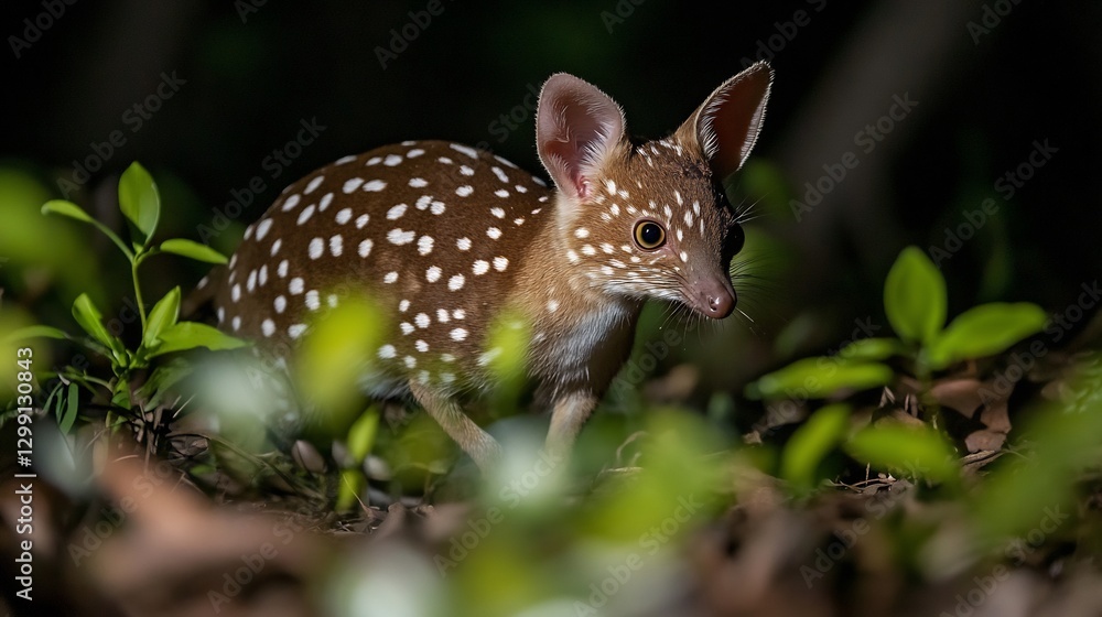 Obraz premium Rare Quoll moving stealthily through the dense forest its spotted fur blending into the undergrowth eyes sharp and alert in the moonlit night