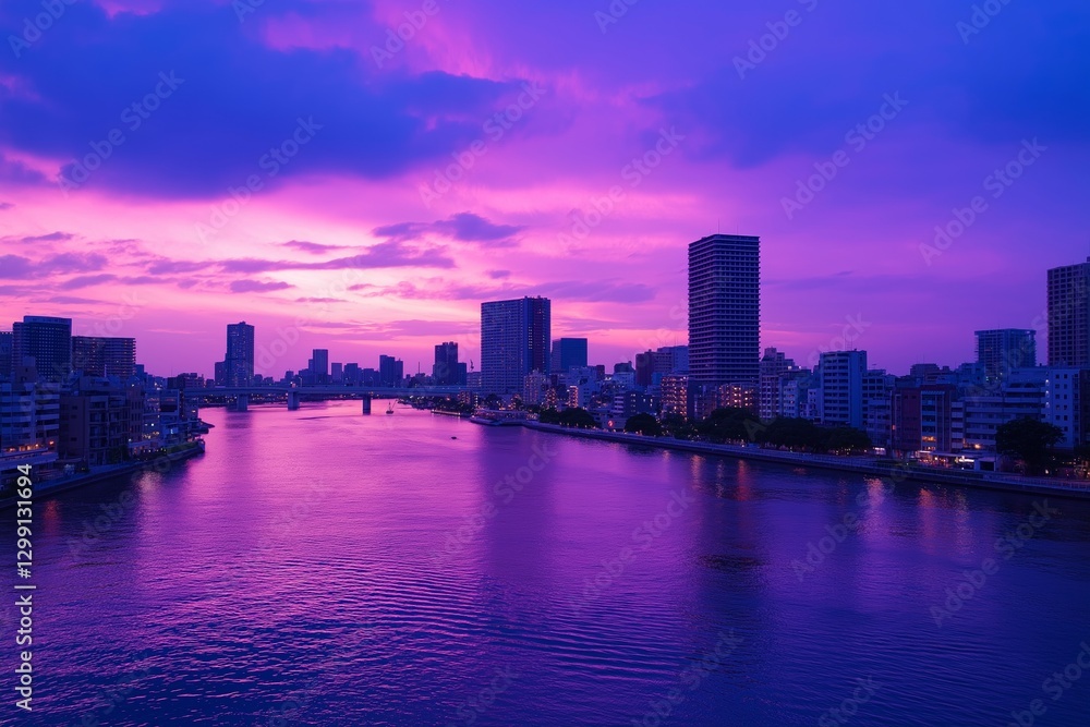Stunning purple sunset casting reflections on the water, enhancing the beauty of a city skyline. Stunning purple sunset casting reflections on the water, enhancing the beauty of a city skyline.
