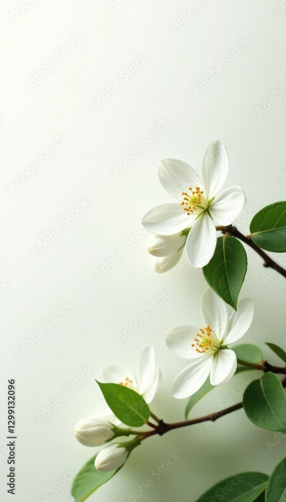 Obraz premium White jasmine blossoms unfurl against an empty white canvas, flower fields, blossoms, minimalism