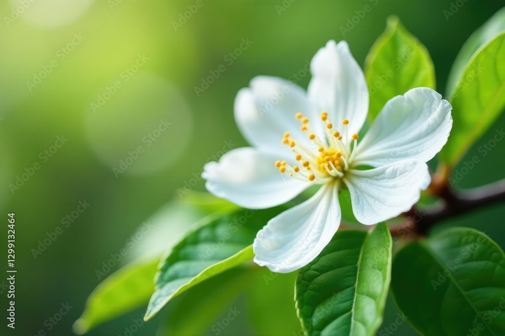 Detail of white corolla with yellow stamens on a tree branch, white, bloom, leaves Detail of white corolla with yellow stamens on a tree branch, white, bloom, leaves