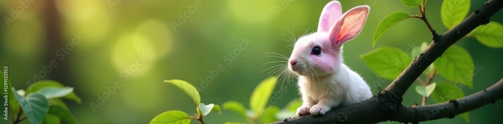 Pink veiled bunny peeks from behind a leafy branch, twig, branch Pink veiled bunny peeks from behind a leafy branch, twig, branch