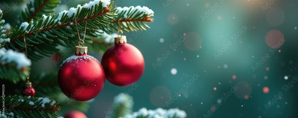 Obraz premium Glass red ornaments hanging from a frosty fir branch, red and green colors, xmas decoration