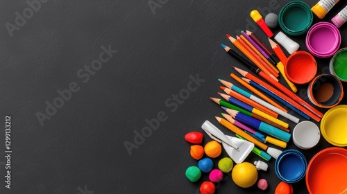 Colorful art supplies on black background
