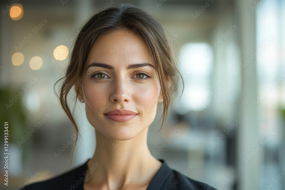 Naklejka premium Portrait of a young woman with brown hair and neutral makeup, looking directly at the camera.