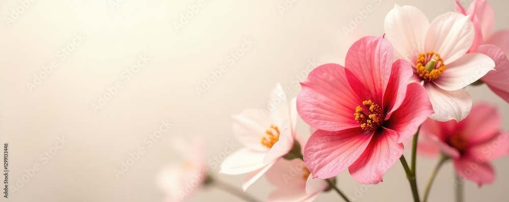 Obraz premium Soft focus abstract flowers in shades of red and white blend seamlessly into a creamy white background, delicate, soft focus, hazy