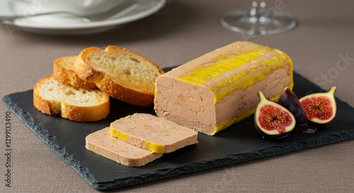 A luxurious appetizer of foie gras terrine, neatly sliced and presented on a slate serving board
