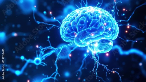 Artistic neuron brain cells on blue glowing cyberspace artificial intelligence network hologram details with binary code numbers background animation.