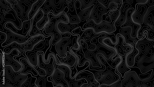 Abstract black and white topographic map background. Geographic pattern or landscape texture. Mountain terrain or path. Vector illustration.