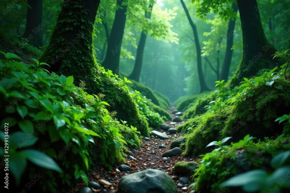 Fototapeta premium Vines of glowing green plants entwine boulders, forest growth, foliage
