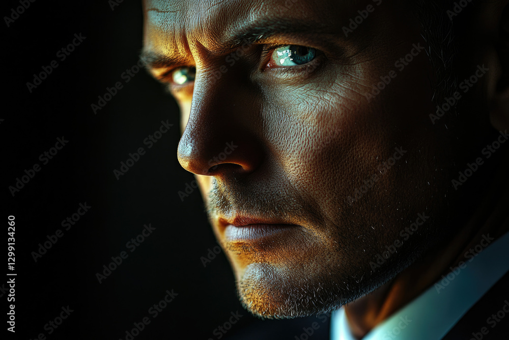 Close-up portrait of a man's face, showing intensity and determination. Close-up portrait of a man's face, showing intensity and determination.