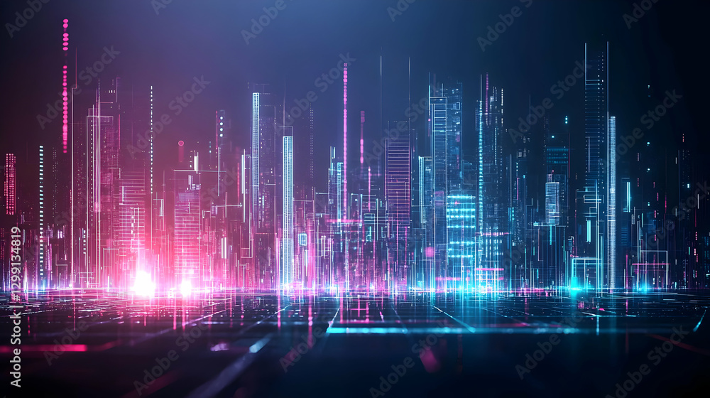 Abstract Digital Cityscape With Neon Lights And Geometric Structures At Night Illuminating Urban Skyline Abstract Digital Cityscape With Neon Lights And Geometric Structures At Night Illuminating Urban Skyline