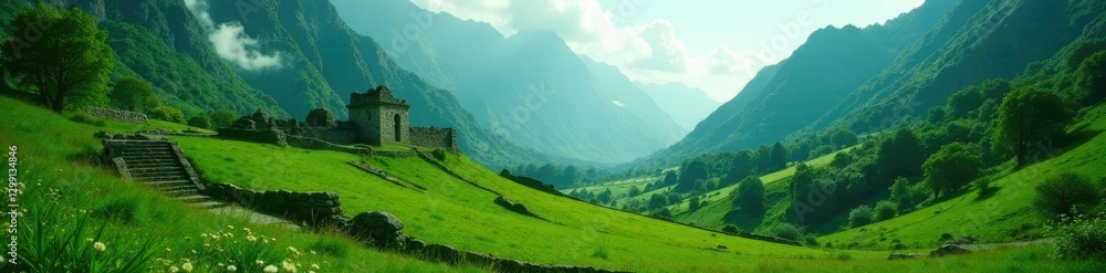 Fototapeta premium Ancient structures amidst lush green valley landscape, eerie, green, landscape