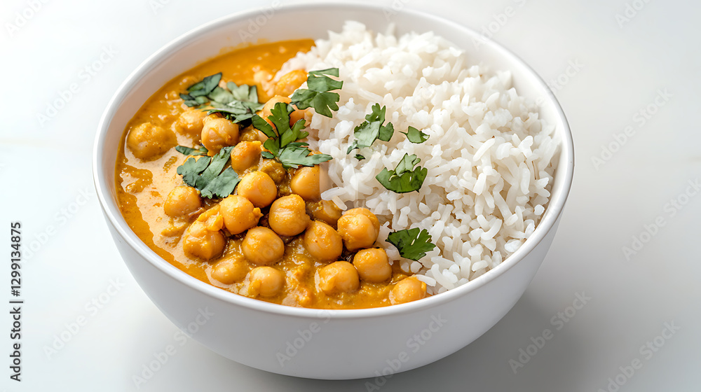 A bowl of golden chickpea curry, garnished with fresh coriander, served alongside fluffy white rice. A comforting and flavorful dish. A bowl of golden chickpea curry, garnished with fresh coriander, served alongside fluffy white rice. A comforting and flavorful dish.